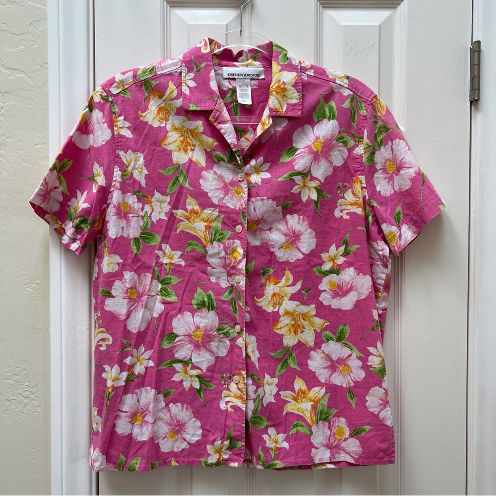 Vintage 90s Linen-Blend Pink Floral Hawaiian Blouse Tropical Lilly Tiki Barbie - Picture 2 of 8